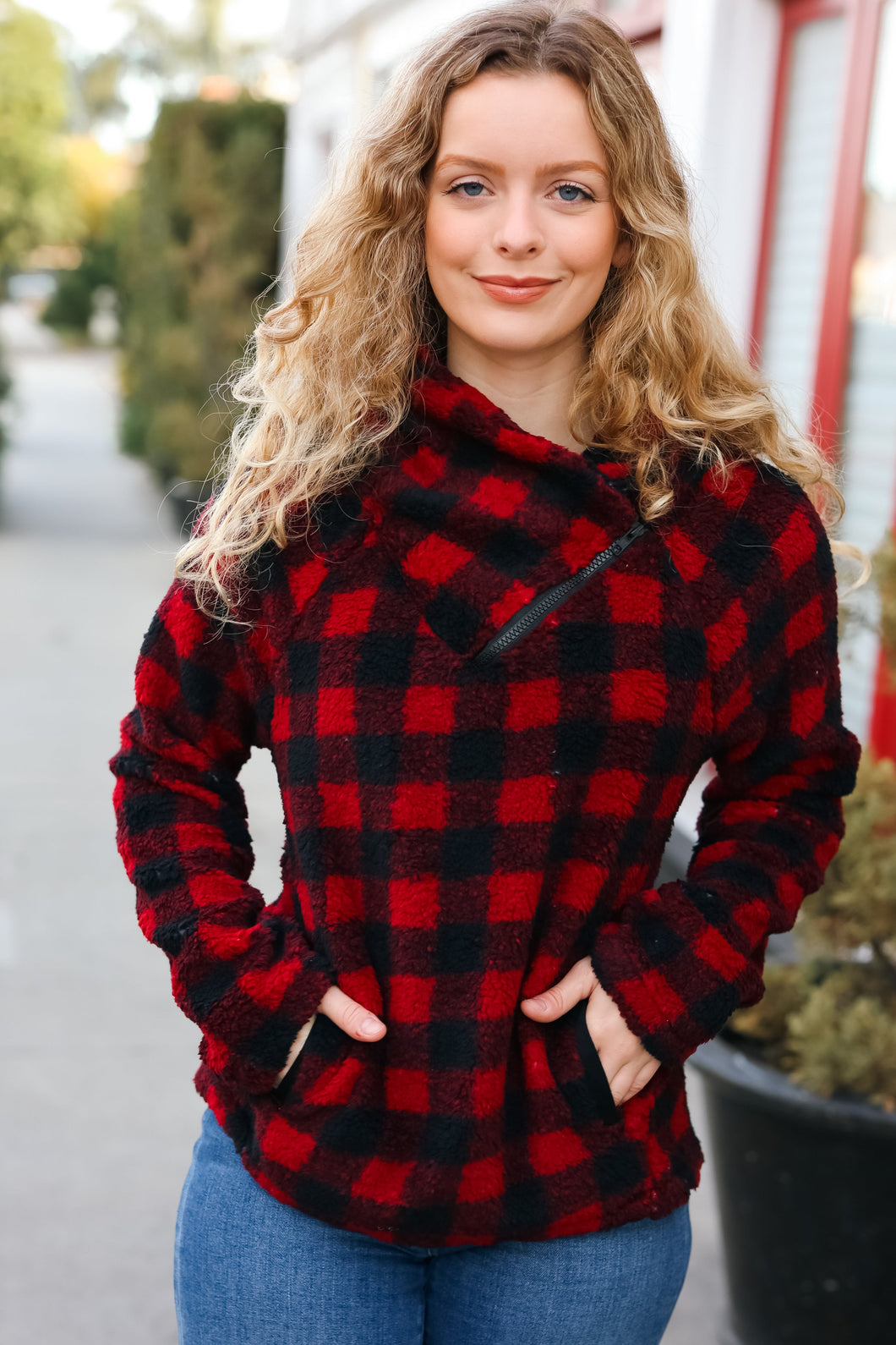 So Cozy Red Sherpa Plaid Asymmetrical Zip Sweater Top