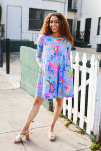 Chasing Dreams Blue Floral Print Three-Quarter Sleeve Frock Dress