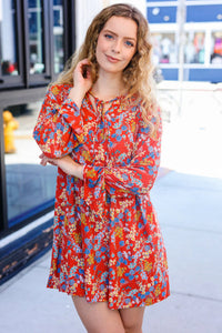 Under Your Spell Rust Floral Tie Front Elastic Bell Sleeve Dress