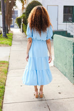 Follow Me Aqua Frill Notch Neck Shirred Waist Tiered Maxi Dress