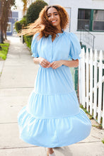 Follow Me Aqua Frill Notch Neck Shirred Waist Tiered Maxi Dress