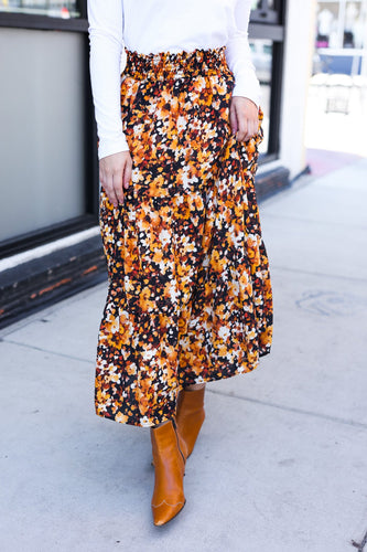 Casual Living Black Floral Tiered Smocked Waist Midi Skirt