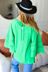 Joyful Green Crepe Back Tie Strap Crochet Bell Sleeve Blouse