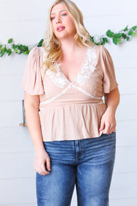 Taupe Crinkle Embroidered Smocked Babydoll Top