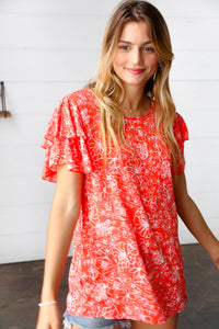 Sunset Orange Floral Flutter Sleeve Woven Top
