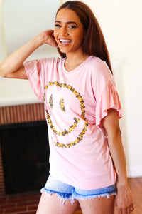 Live For Today Pink Floral Smiley Face Flutter Sleeve Tee