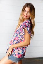 Peach/Navy Floral Chiffon Smocked Ruffle Sleeve Top