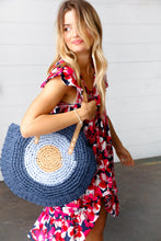 Blue Braided Raffia Circle Lined Tote Bag