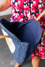Blue Braided Raffia Circle Lined Tote Bag