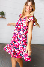 Pink & Navy Floral Babydoll Flutter Sleeve Midi Dress