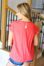 Feeling Femme' Coral Floral Embroidered Yoke Ruffle Sleeve Top