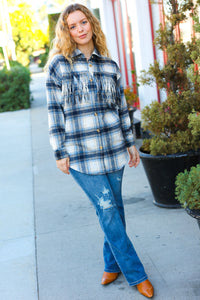 Take The Leap Navy Plaid Fringe Button Down Shacket