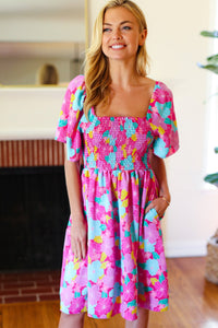 Vacay Vibes Fuchsia Floral Print Fit & Flare Smocked Dress