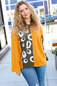 Call On Me Mustard & Olive Animal Print Cable Color Block Sweater