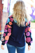 Feeling Joyful Navy & Fuchsia Embroidered Sherpa Flower Pullover