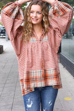 Under Your Spell Rust Plaid Color Block Notch Neck Top