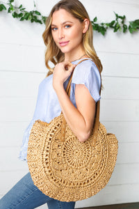 Tan Braided Raffia Circle Lined Tote Bag