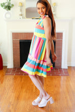 Start The Day Rainbow Stripe Shoulder Tie Tiered Dress