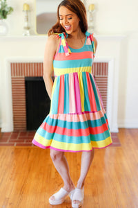 Start The Day Rainbow Stripe Shoulder Tie Tiered Dress