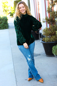 Under the Lights Hunter Green Velvet & Sequins Mock Neck Top