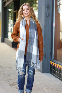 Keep Me Cozy Charcoal Grey Check Fringe Scarf