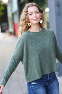 Stay Awhile Olive Ribbed Dolman Cropped Sweater