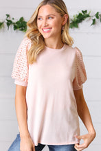 Peach Eyelet Puff Sleeve French Terry Top
