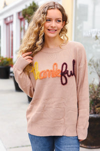 Feeling Thankful Taupe Pop Up Glittery Embroidery Sweater