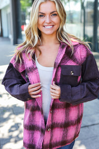 Spread Joy Pink & Brown Plaid Corduroy Button Down Fuzzy Jacket