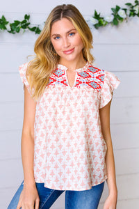 Light Peach Floral & Aztec Embroidered Ruffle Top