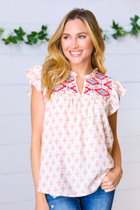 Light Peach Floral & Aztec Embroidered Ruffle Top