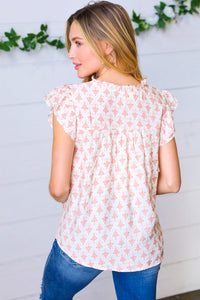 Light Peach Floral & Aztec Embroidered Ruffle Top