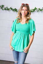 Solid Mint Smocked Woven Flutter Sleeve Top