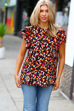 Black & Lavender Abstract Dot Mock Neck Flutter Sleeve Top
