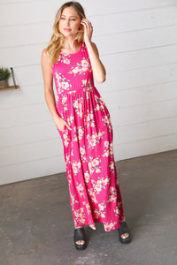 Yellow & Fuchsia Floral Fit and Flare Sleeveless Maxi Dress