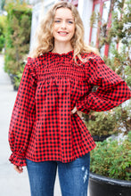 Don't Think Twice Gingham Shirred Mock Neck Frilled Top