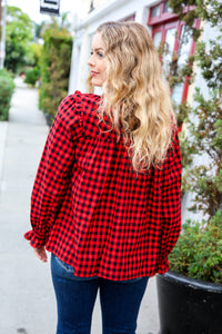 Don't Think Twice Gingham Shirred Mock Neck Frilled Top