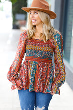 Teal & Rust Smocked Floral Ruffle Hem Top