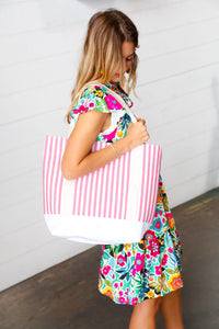 Pink Stripe Structured Large Canvas Tote
