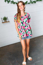 Black & Pink Floral Ruffle Short Sleeve Babydoll Top