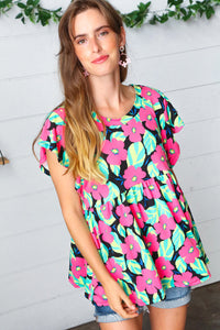 Black & Pink Floral Ruffle Short Sleeve Babydoll Top
