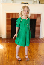 Kids Adorable Green Button Square Neck Ruche Back Dress