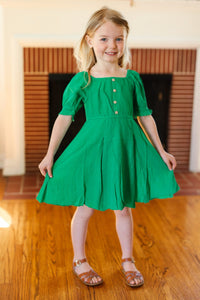 Kids Adorable Green Button Square Neck Ruche Back Dress