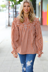 Adorable in Gingham Rust Shirred Mock Neck Top