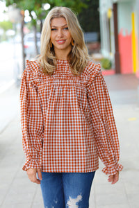 Adorable in Gingham Rust Shirred Mock Neck Top