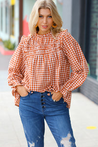 Adorable in Gingham Rust Shirred Mock Neck Top