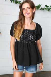 Black Eyelet Puff Sleeve Babydoll Top