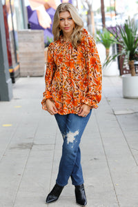 All The Joy Burnt Orange Watercolor Floral Frill Neck Top