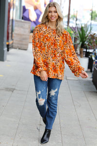 All The Joy Burnt Orange Watercolor Floral Frill Neck Top