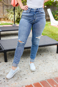 Judy Blue Medium Blue Mid Rise Distressed Cuffed Jeans